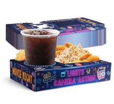 a box of movie night popcorn with a drink