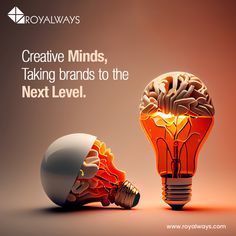 an orange light bulb with a brain in it and the caption creative minds, taking brands to the next level