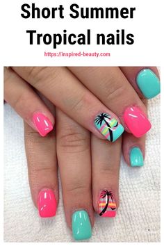 Short Summer Tropical nails Beach Vacation Gel Nails, Tropical Sns Nails, Summer Nails Vacation The Beach, Tropical Vacation Nails Short, Tropical Nail Ideas Summer, Fun Tropical Nails, Tropical Vacation Nail Ideas, Short Nails For Cruise, Tropical Nail Colors Hawaii