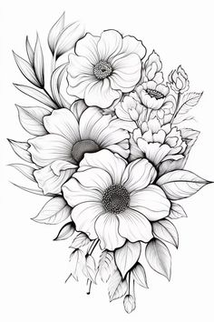 a black and white drawing of flowers