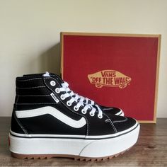 Vans Filmore Hi Tapered St Women's Platform Shoe Black And White Colorway New In Box Box May Have Minor Cosmetic Damage / Stickers / Writing Women’s Size 8.5 Please Review All Pictures For Any Blemishes And/Or Defects Item Shown In Pictures Is What You Are Purchasing No Rips Or Tears. Odor Free All Reasonable Offers Considered Smoke Free Environment Even Though Most Of Our Shoes Are Sold As “New” There Is A Chance That They May Have Been Previously Tried On In Store With Dust And/Or Dirt On The Soles And Insoles There Are Also Times Where We Will Not Say “New” As We Cannot Determine If They Have Only Been Tried On Or Worn A Time Or Two Though They May Look New! We Ask That You Alwa Vans Skate Hi, Stickers Writing, Platform Outfit, Vans Old Skool Low, Old Skool Platform, Platform Vans, Platform Shoe, Black Platform Shoes, Women Platform Shoes