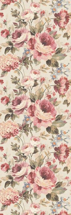 a floral wallpaper with pink and red flowers on the bottom half of it,