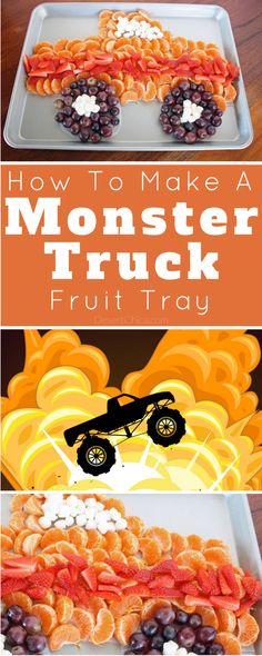 the monster truck is made out of pasta and grapes, with text overlay that reads how to make a monster truck fruit tray