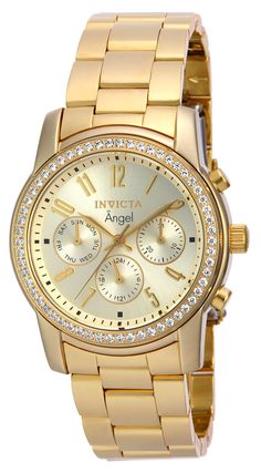 This beautiful Invicta Angel watch contains a precise Quartz movement in addition to a gold case. Its face displays a gold, metal dial protected by a highly resistant Flame Fusion Crystal. This timepiece is completed by a gold, stainless steel band and it offers water resistance of up to 50 m. Patterns of ethereal energy connect time to a higher plane with the Invicta Angel collection. Harmonizing a perfect balance between time and style, watches of graceful diversity comprise Angel. Designed with a touch from above, Angel offers an array of selections to satisfy any mood, occasion, or taste. Highlighting the aspects of feminine prowess, the Invicta Angel collection knows no bounds, transcending earthly planes and achieving the ideal in keeping time.From Invicta's founding more than a cent Gold Chronograph Watch With Diamond Hour Markers, Gold Analog Diamond Watch, Gold Watches With Diamond Hour Markers, Gold Diamond Analog Watch With Round Dial, Gold Analog Diamond Watch With Round Dial, Gold Watches With Subdials, Gold Diamond Watch With Metal Round Dial, Gold Chronograph Watch Accessories With Round Dial, Elegant Gold Chronograph Watch With Analog Display