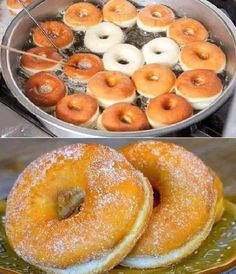 donuts are being cooked in a pan on the stove and then covered with powdered sugar