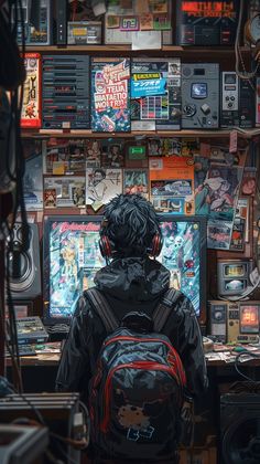 a person with a backpack in front of a wall full of books and electronic equipment