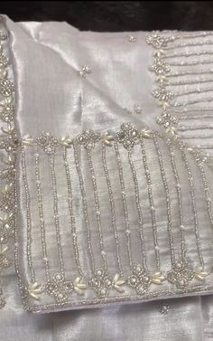 Aari Work On White Blouse, White Blouse With Silver Work, Grey Blouse Aari Work, White Stone Aari Work Blouse, White Stone Work Blouse Designs, Aari Silver Work Blouse, Simple Silver Maggam Work Blouses, White Blouse Designs For Saree Hand Work, Silver Beads Work On Blouse