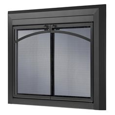 a black fireplace screen with an open door and mesh panels on the front, side view