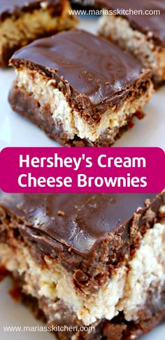 three pieces of cheese brownies on a white plate with the words hershey's cream cheese brownies