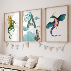 three framed pictures hang on the wall above a bench in a child's room