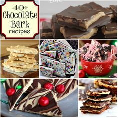 a collage of different desserts with the words chocolate bark recipes written below them