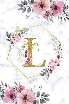 the letter j is surrounded by pink flowers and greenery on a white marble background