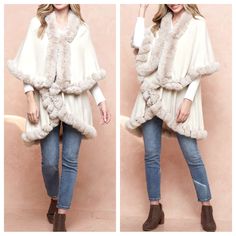 Faux Fur Shawl Women Fine Knit Open Front Faux Fur Trim Layers Poncho Cape Cardigan Sold In S/M And L/Xl Sizes Label Fur Trim Cardigan, Long Quilted Coat, Faux Fur Hooded Jacket, Faux Fur Shawl, Chic Quilts, Poncho Jacket, Perfect Cardigan, Fur Shawl, Trim Jacket