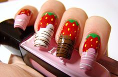 Chocolate Covered Strawberry Nails, Dessert Nail Art, Dessert Nails Designs, Chocolate Strawberry Nails, How To Draw On Nails, Strawberry Themed Nails, Food Nails Designs, Pudding Nails, Soda Nails