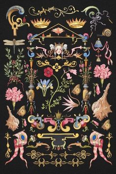 an ornate design with flowers and birds on black background, in the style of art nouveau