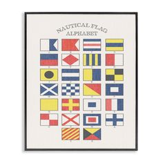 the nautical flag alphabet is displayed in a black frame on a white wall above it