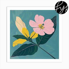 a pink flower with yellow and green leaves on a blue background, framed in a white frame