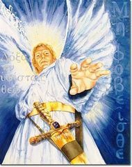 a painting of an angel with his arms spread out and hands outstretched in front of him