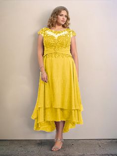 Marigold Illusion Neckline, Chiffon Material, Mother Of The Bride Dress, Asymmetrical Design, Bride Dresses, Lace Applique, Chiffon Fabric, Mother Of The Bride Dresses, Feel Confident