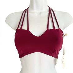 Our #1 Selling Bikini Top In All The Land (Or The Sea, For That Matter). Signature Braid Details And Strappy Design Make This Swim Top One Of A Kind....Yes, That Is A Fishtail Braid. See Measurement Guide Taken From Strangest Bikinis Website For Arancia Top ( Photo In Size Guide Is Another Color But The Top For Sale Is Plum Color) The Black Photos Are From Website But The Actual Top For Sale Is The First 3 And Last 3 Photos In A Wine Burgundy Plum Color Low-Cut Front Adjustable Drawstring Bandea Contoured Triangle Top Swimwear With Bra-friendly Design, Stretch Halter Top With Padded Cups For Swimming, Fitted Halter Top With Padded Cups For Beach Season, Contoured Triangle Top Swimwear For Beach, Fitted Underwire Tankini For Sports, Fitted Red T-back Halter Top, Fitted Tankini With Straps For Sunbathing, Fitted Halter Top With Padded Cups And T-back, Strappy Stretch Swimwear With Padded Cups