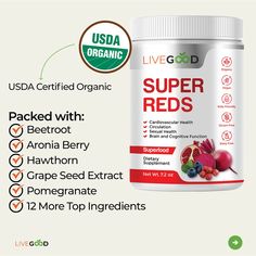 When it comes to healthy aging, nothing is more important than the health of your heart!  And the best way to keep your heart healthy is a diet rich in red fruits and vegetables.  Unfortunately most of us are not getting enough, which can lead to a weaker immune system, low energy and libido, brain fog, even high blood pressure.

That's why we created LiveGood Super Reds!  Our Organic Super Reds contain the highest amount of fruit and vegetable extracts known to help improve blood flow by increasing our body's production of Nitric Oxide, boosting blood circulation, supporting brain and cognitive function, sexual health, heart health, immune function and helping to maximize your body's overall health!