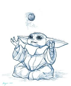 a drawing of baby yoda throwing a ball into the air with his hands and legs