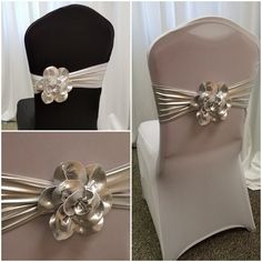 the chair covers are decorated with silver ribbons and flower brooches on each side