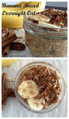 banana bread overnight oatmeal in a glass bowl with cinnamon sticks and bananas