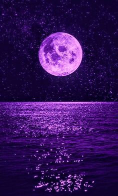 the full moon is shining bright purple in the night sky over water with stars above it