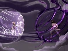 two anime characters in front of a large ball with purple swirls on the surface