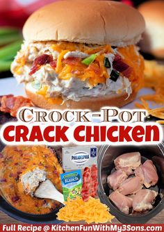 This creamy Crockpot Crack Chicken is so addicting and easy to make! Tender shredded chicken with ranch seasoning, cream cheese, bacon, cheddar cheese, and green onions that's perfect for a dip, using as a sandwich filling or by itself. Chicken With Ranch Seasoning, Dinner Bacon, Cheese Cheddar, Slow Cooked Chicken, Crockpot Recipe, Cream Cheese Chicken, Crockpot Dishes, Delish Recipes, Bacon Cheddar