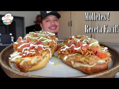 a man is smiling next to two pizzas with toppings on them and the caption mollettes? rereta fah?