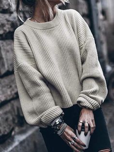 Fshion Solid Color Long Sleeves Sweater Tops Vinter Mode Outfits, Oversized Sweater Outfit, Sleeves Sweater, Hipster Style, Sweater Tops, Pullover Outfit, Oversized Knitted Sweaters, Winter Trends, Sporty Chic