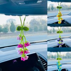 the flowers are hanging from the car's dashboard