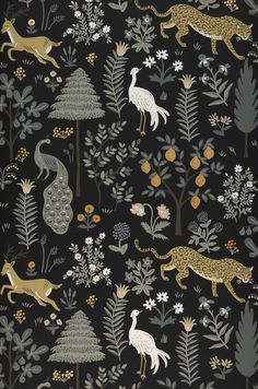 a black wallpaper with various animals and trees