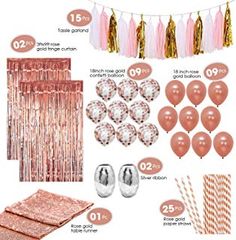 pink and gold party supplies including balloons, tassels, streamers, table decorations