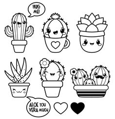 cute cactus and succulents in pots with hearts on the floor coloring pages