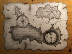 a piece of paper that has some clocks on it and is drawn in black ink