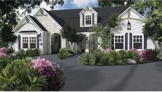 this is an artist's rendering of the front of a house with landscaping and flowers