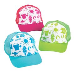 Hats make the perfect giveaway or prize, but they're especially great when they feature fun colors and summer images. These trucker hats manage to be both fun and functional, with mesh backing to keep heads cool and colors and designs that make the wearer look cool. Hand these hats out as giveaways or prizes and watch people smile as they put on the hat, grateful for the gift. Cotton. 24" circ. with adjustable strap. Retail-ready. © OTC Summer Baseball Cap With Uv Protection For Outdoor Activities, Fun Mesh Trucker Hat Baseball Cap, Mesh Baseball Cap For Summer, Summer Mesh Trucker Hat For Outdoor, Summer Mesh Baseball Cap, Summer Mesh Hats One Size Fits Most, Summer Mesh Hat One Size, Summer White Mesh Hats, Blue Fun Snapback Hat For Summer