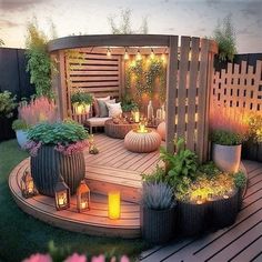 an outdoor deck with potted plants and candles