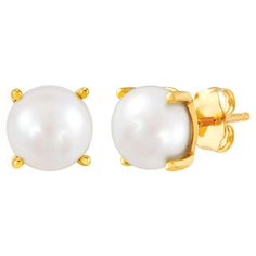 Honora Designed freshwater cultured button pearl stud earrings crafted in 14k yellow gold. Single 8 -8.5mm high luster pearl beautifully set high polish four prong basket.  Elegant earrings are an excellent choice for special occasion or gift. The matching ring is available under item number 990008431.Cultivating a BrandFor over 70 years, the Honora brand has been grounded in two beliefs: that pearls are nature’s most glorious wonders and that they are the birthright of every woman. The natural iridescence of a Freshwater Pearl, aka its Luster, refers to the way light plays against the surface of the pearl. Like the incredible women who wear Honora, nothing can dim its magnificent inner glow. The reflective powers of pearls make them the most flattering gems to wear against skin. Pearls ha Classic Round Pearl Earrings With Prong Setting, Classic Pearl Earrings With Prong Setting Gift, Classic Pearl Earrings With Prong Setting, Classic Gold Pearl Earrings With Prong Setting, Hypoallergenic Yellow Gold Pearl Earrings, Traditional Gold-plated Yellow Gold Pearl Earrings, Elegant Yellow Gold Pearl Earrings, Tarnish Resistant, Button Pearl Earrings, Hypoallergenic Yellow Gold-plated Pearl Earrings