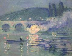 an impressionist painting of a bridge over a body of water with lights on it