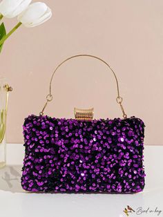 Bird in Bag - Purple Sequin Decorated Womens Evening Clutch Bag - Perfect for Banquets, Weddings, and Festivals Formal Purple Clutch Evening Bag, Elegant Purple Rectangular Evening Bag, Purple Square Evening Bag, Multicolor Sequined Rectangular Evening Bag, Purple Embellished Evening Bag, Buckle Bags, Evening Clutch, First Contact, Purple Bags