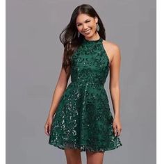 Nwt Promgirl Hunter Green Dress With Sequin Pattern. Halter Style With Two Button Closure At Neckline. Open Back, With 4 Strips Of Vertical Fabric. Hidden Zipper Up The Back With Hook & Eye Closure At Top. Fit And Flare. Perfect Cocktail Dress For The Holidays Or Homecoming! Size Small. Ptp: 15" Length: 34.5" From Neck To Bottom Hem Always Willing To Consider Reasonable Offers, Plus Bundle And Save! Promgirl Dresses, Hunter Green Dress, Hunter Green Dresses, Sequin Pattern, Perfect Cocktail Dress, Prom Girl Dresses, Prom Girl, Halter Mini Dress, Halter Style