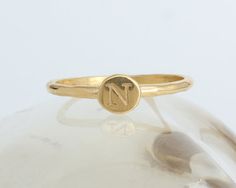 Gold Initial Ring. One Stackable Initial Ring in by NelleandLizzy Stackable Yellow Gold Rings With Initials, Gold Stackable Rings With Initials, Rings With Initials, Initial Rings, Stackable Birthstone Rings, Gold Initial Ring, Pandora Gold, Stack Rings, Stacked Wedding Rings