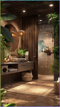 a bathroom with a sink, mirror and potted plants