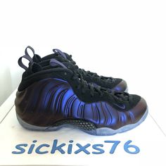 AIR FOAMPOSITE ONE 'Eggplant'  Style/Color Code-314996 008  Colorway-Black/Varsity Purple  US Men's Size-8 & 9.5 International Sizes-(UK 7 & 8.5) (BR 39.5 & 41) (cm 26 & 27.5) (EUR 41)  Year of Release-2017 100% authentic and brand new; the shoes will be shipped double boxed for protection. There will be no lid/box top for all sizes. Be sure to check out my other listings. PLEASE REVIEW INFORMATION CAREFULLY AS ALL SALES ARE FINAL. Casual Purple Basketball Shoes With Air Cushioning, Nike Air Jordan 8, Nike Foamposite, Box Top, Foam Posites, Mens Nike Shoes, Mens Nike Air, New Nike Air, Nike Fashion