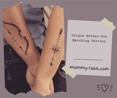 two people holding hands with tattoos on their arms and the words unique mother son matching tattoos