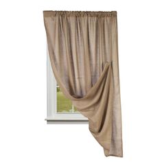 the curtain is open and ready to be hung in front of a window with an outside view